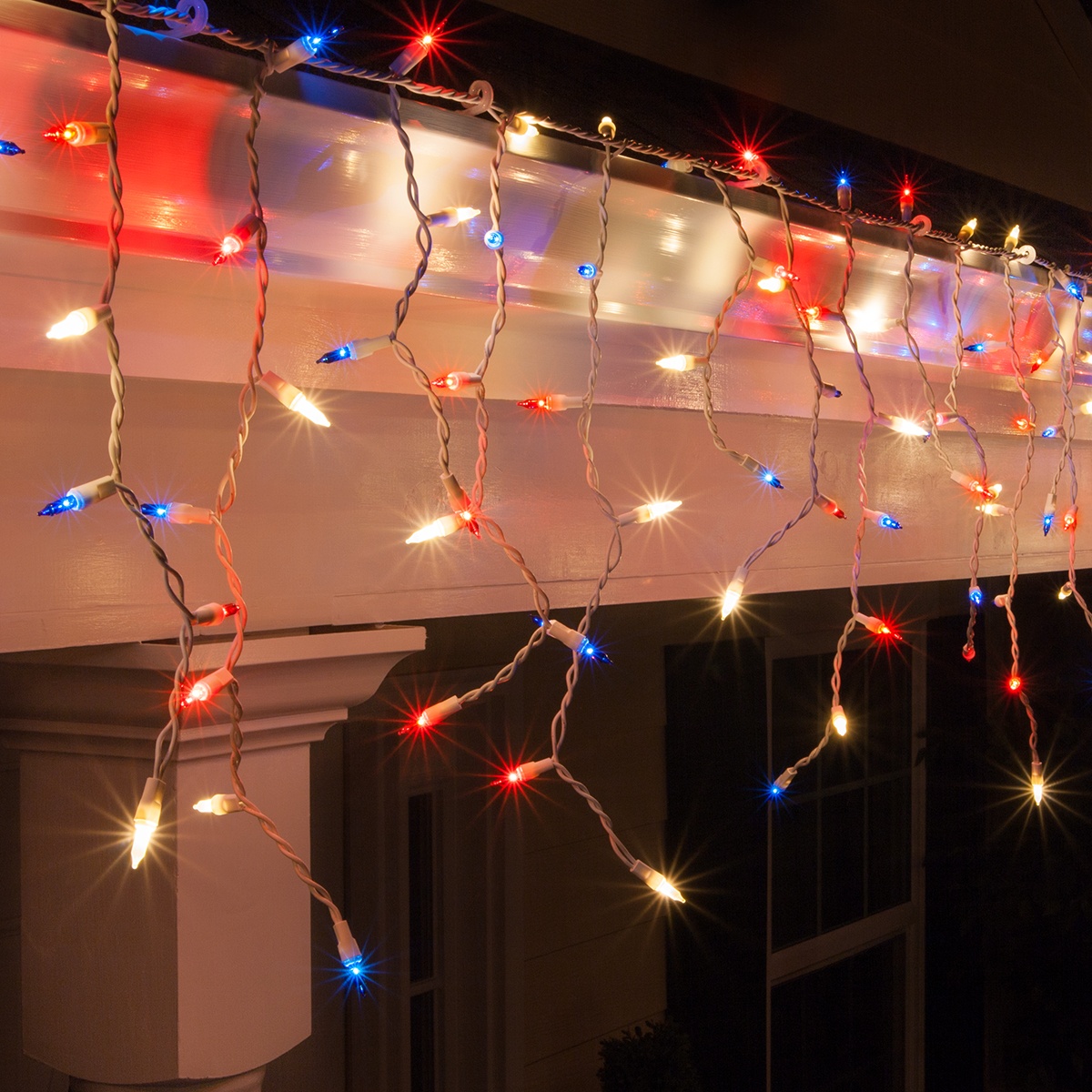 150 Icicle Lights, Red, White and Blue, White Wire - Yard Envy